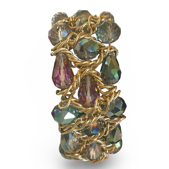 Unbranded Jewelry - Vintage Faceted Green Purple Teal Glass Bead Expansion Bracelet Chunky 60s 70s